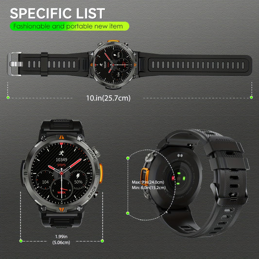 1pc JELLOO Men'S Smartwatch with 360p TFT Display, 1.45" Screen, 300mAh Rechargeable Battery, 3ATM Water Resistance, Wireless 5.2, USB Charging, LED Flashlight, Pedometer, Sports Modes, Compatible with iPhone & Android - Idea