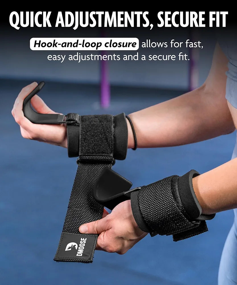 DMoose Fitness Weight Lifting Hooks  for Deadlifts, Pull Ups & Shrugs - 500 Lbs Capacity, Thick Wrist Padding - Heavy Duty Gym Workout Grips Straps for Men and Women