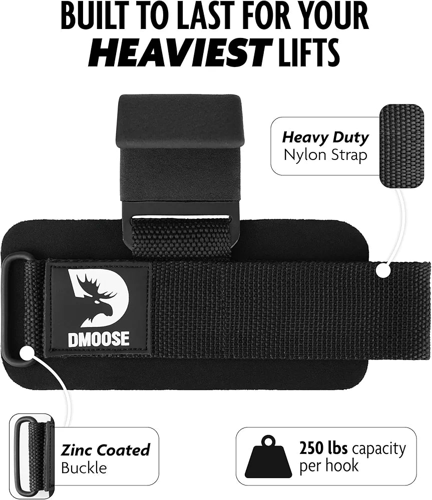 DMoose Fitness Weight Lifting Hooks  for Deadlifts, Pull Ups & Shrugs - 500 Lbs Capacity, Thick Wrist Padding - Heavy Duty Gym Workout Grips Straps for Men and Women