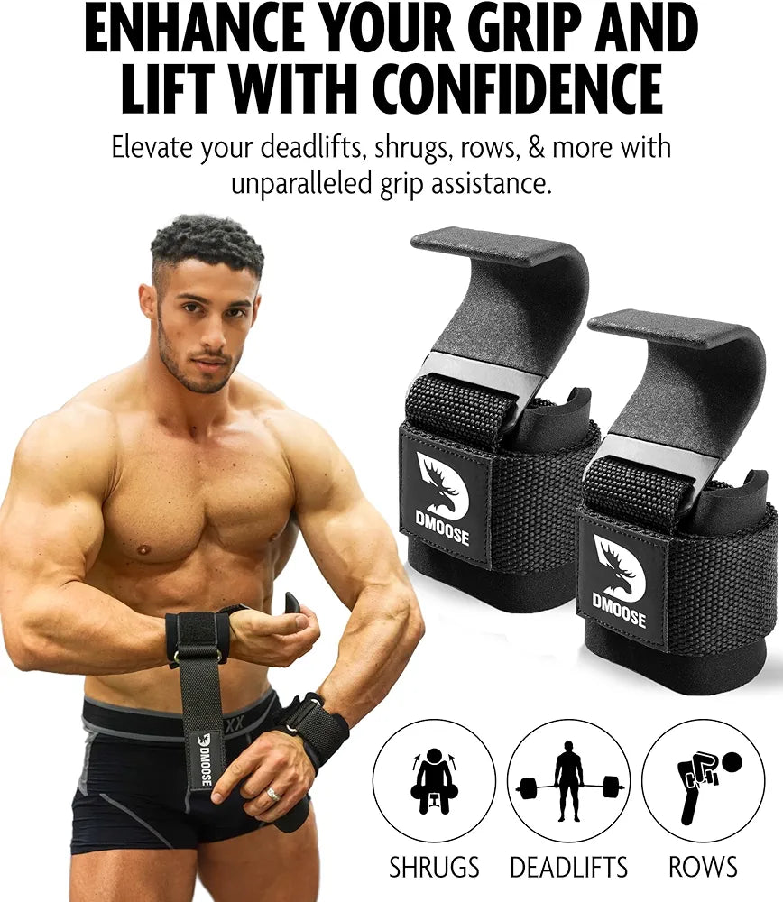 DMoose Fitness Weight Lifting Hooks  for Deadlifts, Pull Ups & Shrugs - 500 Lbs Capacity, Thick Wrist Padding - Heavy Duty Gym Workout Grips Straps for Men and Women