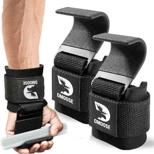 DMoose Fitness Weight Lifting Hooks  for Deadlifts, Pull Ups & Shrugs - 500 Lbs Capacity, Thick Wrist Padding - Heavy Duty Gym Workout Grips Straps for Men and Women